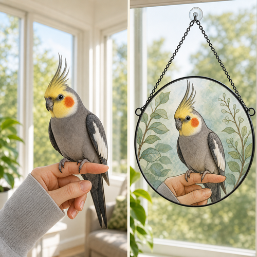 Original cockatiel photo beside the finished custom UV-printed round glass portrait