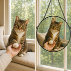 Original tabby cat photo beside the finished custom UV-printed round glass portrait