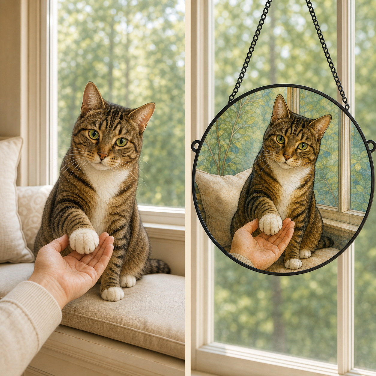 Original tabby cat photo beside the finished custom UV-printed round glass portrait