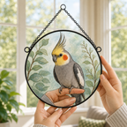 Hands holding a 25 cm custom cockatiel portrait round glass suncatcher to show scale
