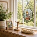 Custom cockatiel round glass suncatcher displayed beside the original bird photo in a warm sunroom