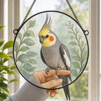 Custom cockatiel portrait printed on a smooth round glass suncatcher in a bright window