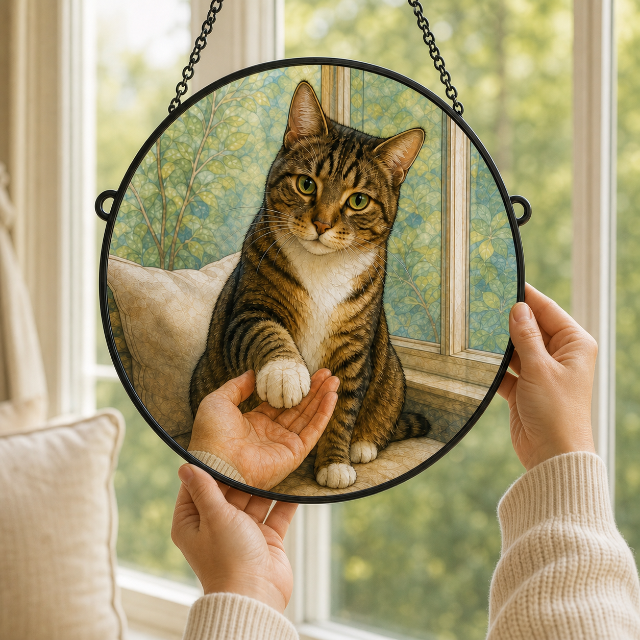 Hands holding a 25 cm custom tabby cat portrait round glass suncatcher to show scale