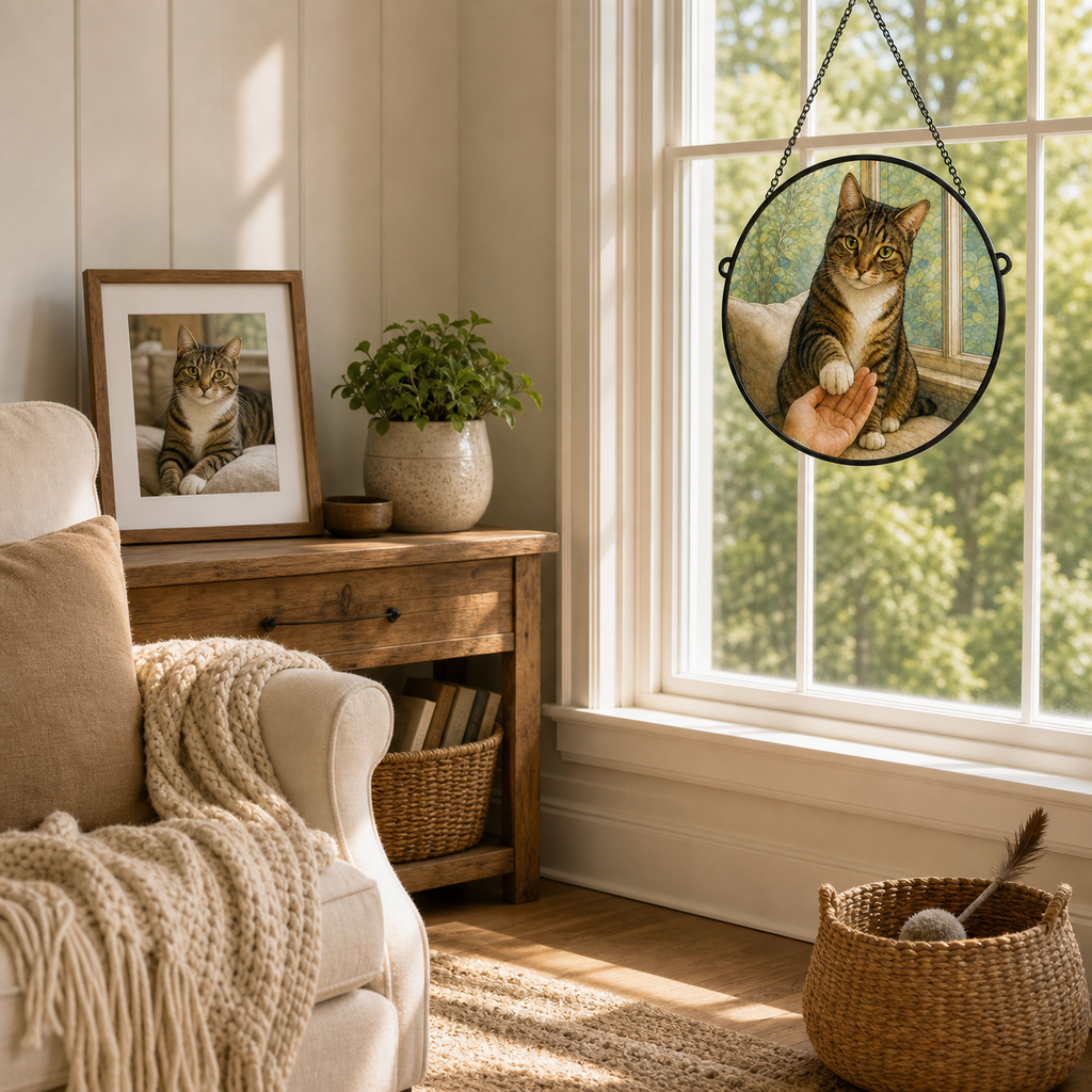 Custom tabby cat round glass suncatcher displayed beside the original pet photo in a warm reading nook