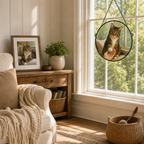 Custom tabby cat round glass suncatcher displayed beside the original pet photo in a warm reading nook