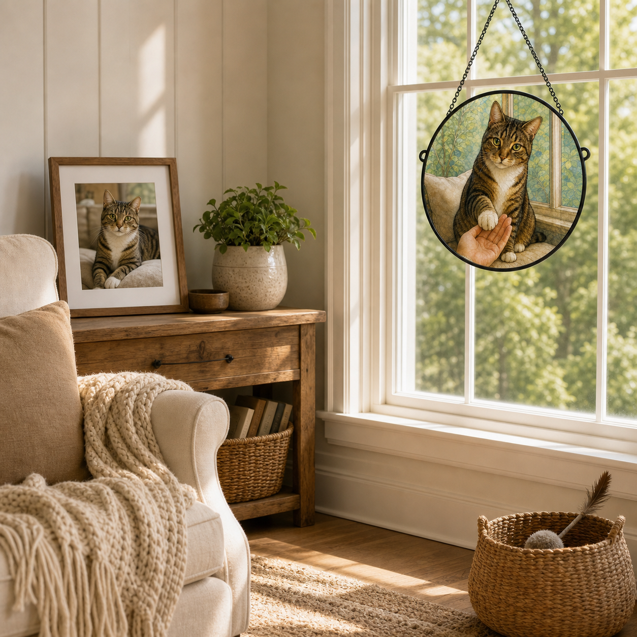 Custom tabby cat round glass suncatcher displayed beside the original pet photo in a warm reading nook