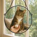 Custom tabby cat portrait printed on a smooth round glass suncatcher in a bright window