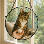 Custom tabby cat portrait printed on a smooth round glass suncatcher in a bright window