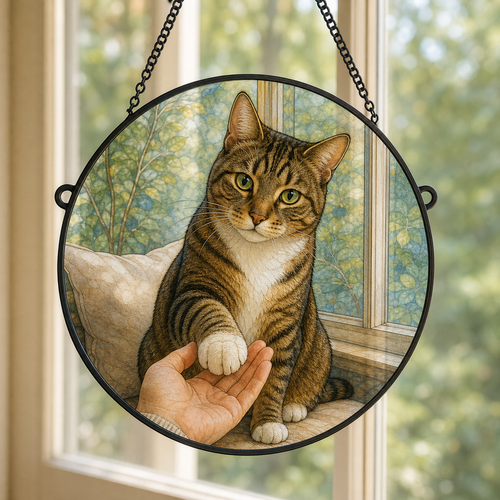 Custom tabby cat portrait printed on a smooth round glass suncatcher in a bright window