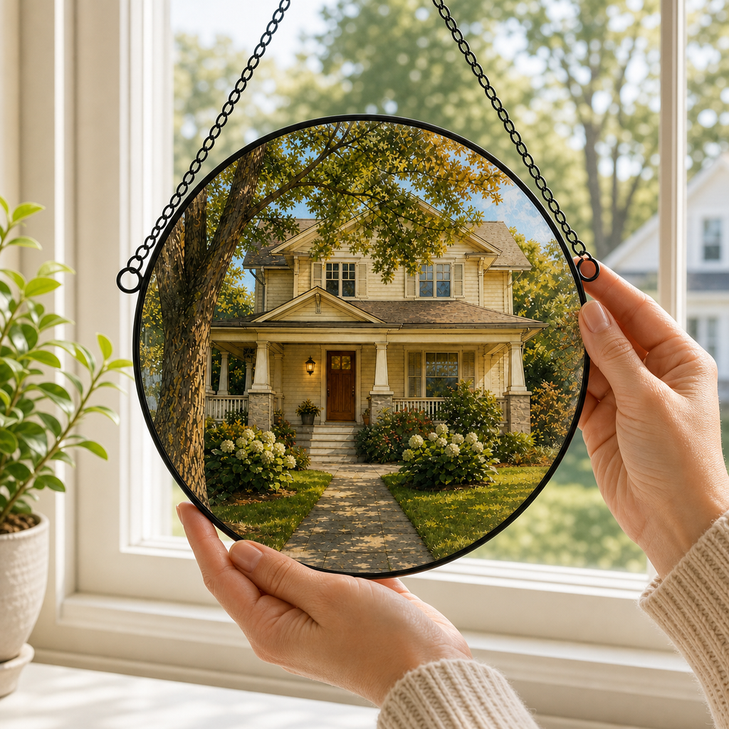 Hands holding a 25 cm custom house portrait round glass suncatcher to show its real scale