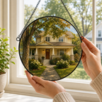 Hands holding a 25 cm custom house portrait round glass suncatcher to show its real scale