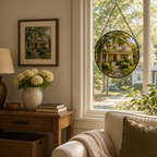 Custom family home round glass suncatcher displayed beside the original house photo in an American home