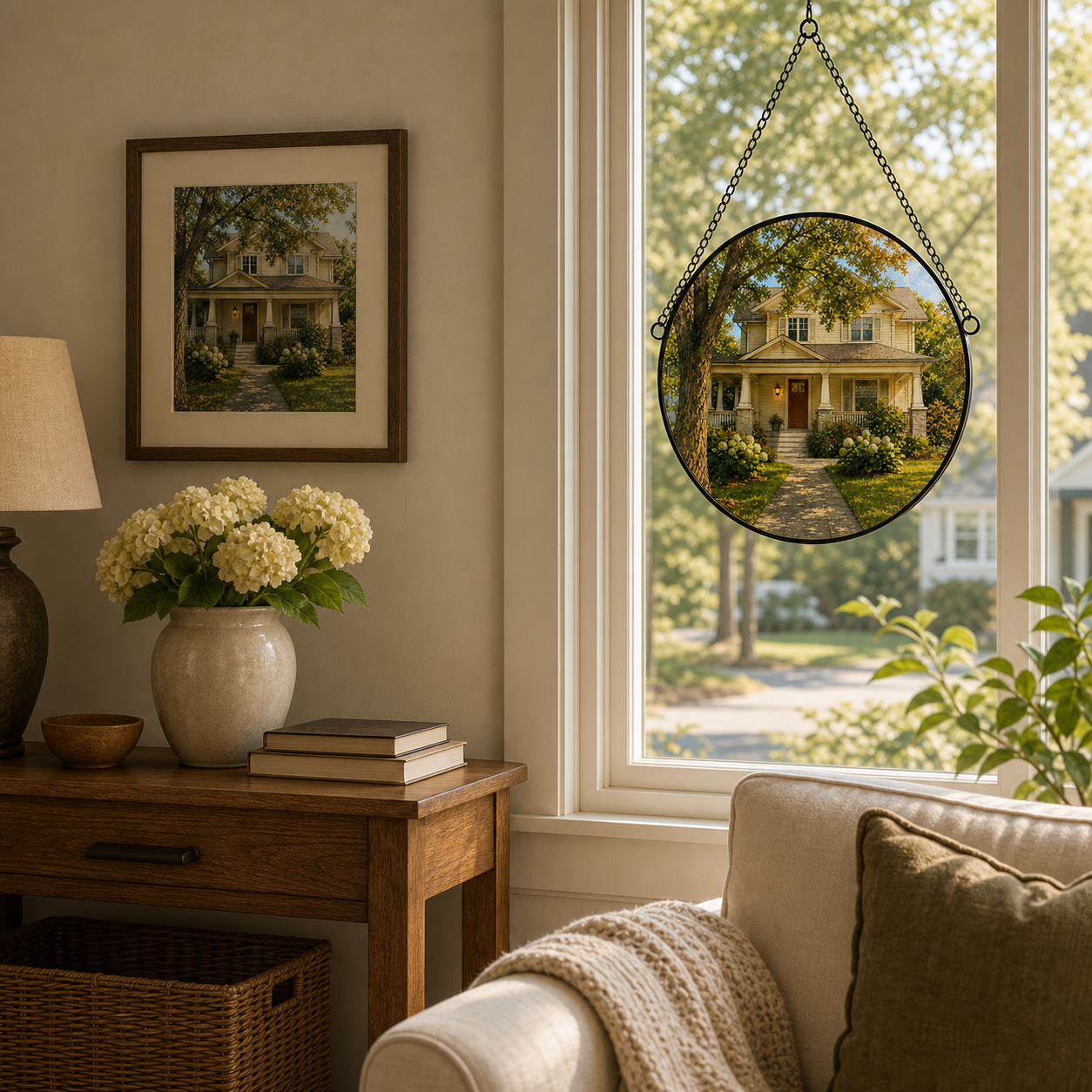 Custom family home round glass suncatcher displayed beside the original house photo in an American home
