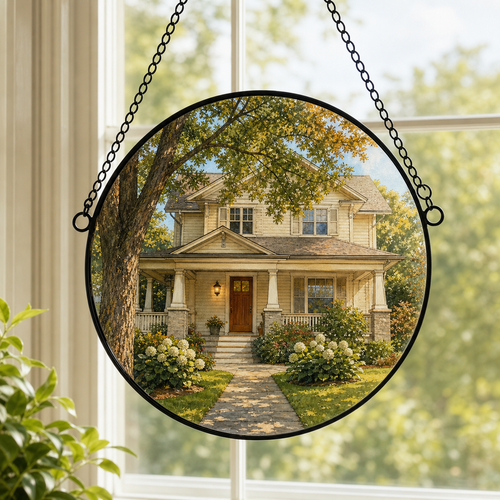 Custom family home portrait printed on a smooth round glass suncatcher in a bright window