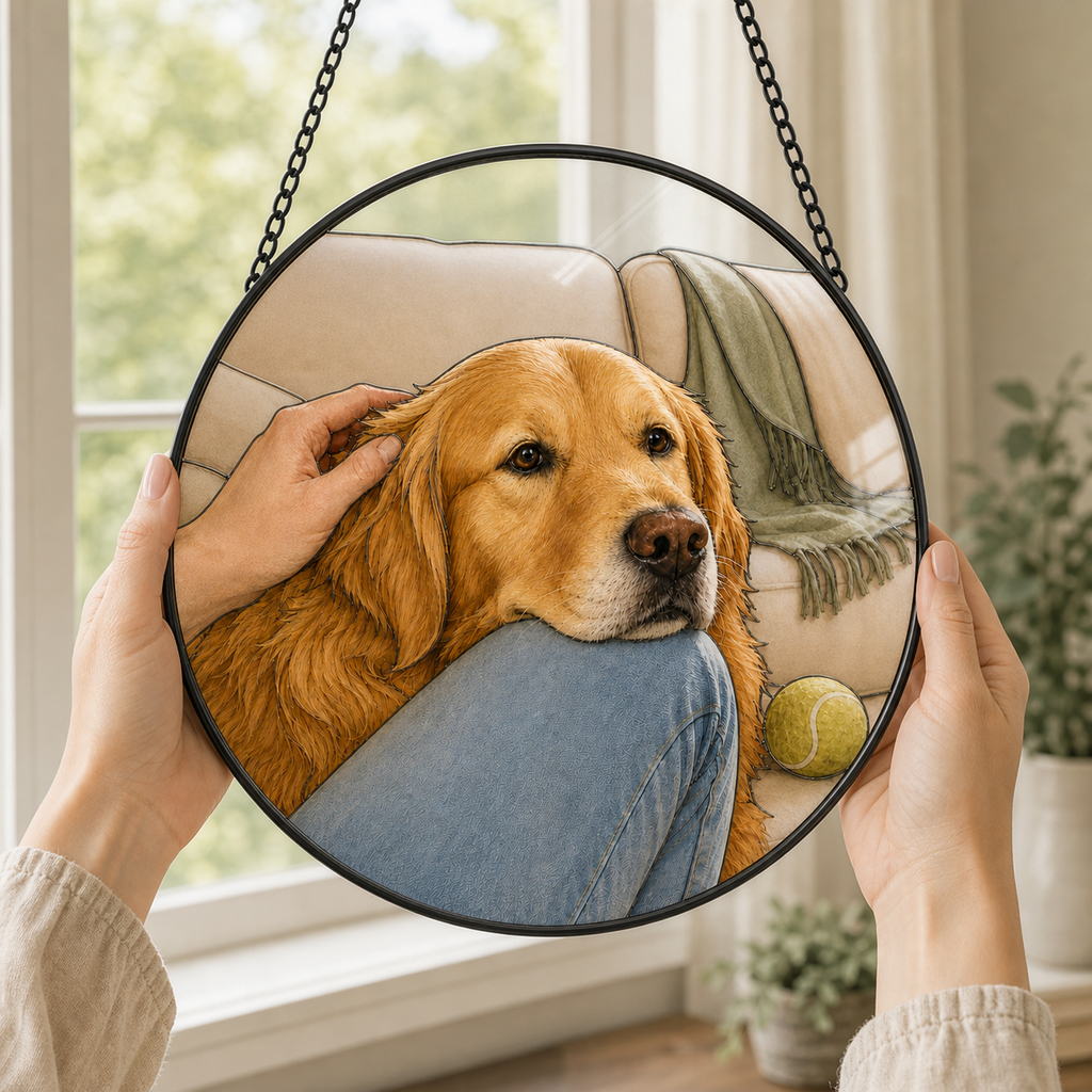 Hands holding a 25 cm custom pet portrait glass suncatcher to show its real scale