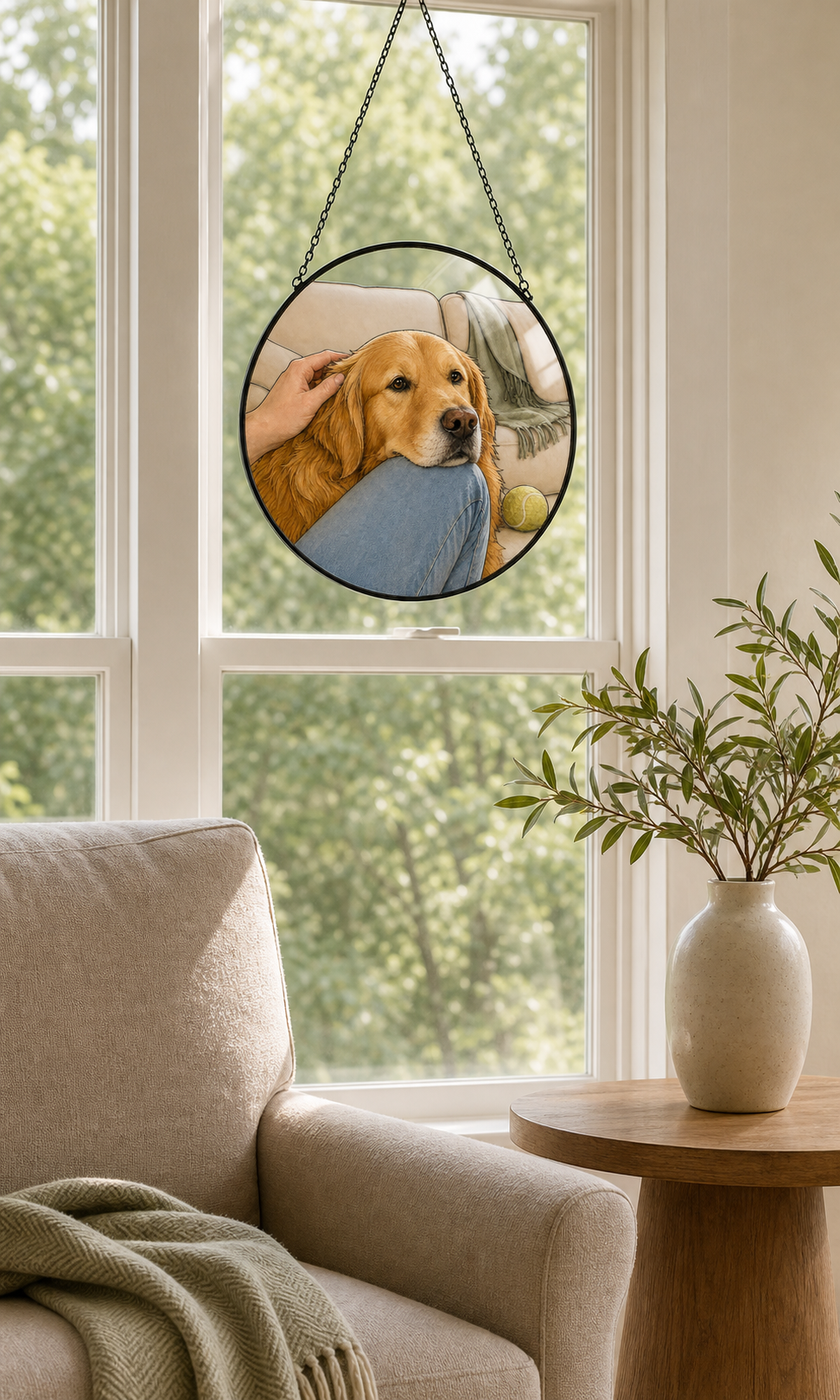 Custom Golden Retriever round glass suncatcher displayed in a warm American living room window