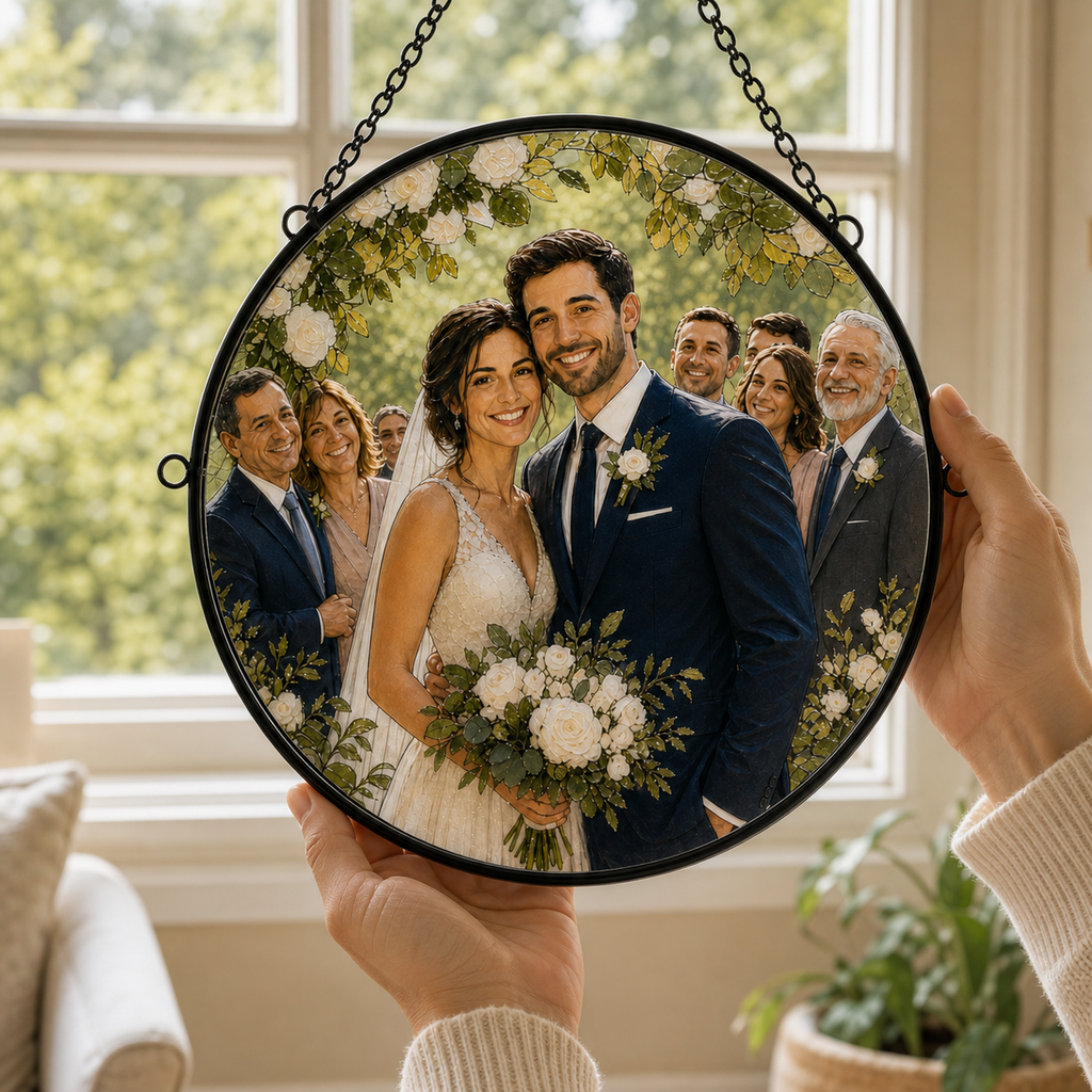 Hands holding a 25 cm custom wedding portrait glass suncatcher to show its real scale