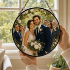 Hands holding a 25 cm custom wedding portrait glass suncatcher to show its real scale