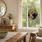 Custom wedding portrait round glass suncatcher displayed in a warm American home window