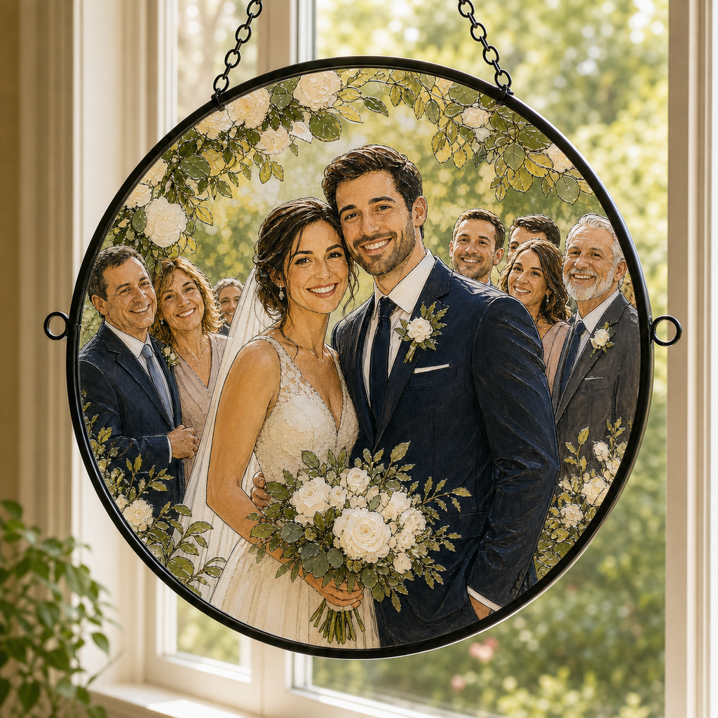 Custom wedding portrait printed on a smooth round glass suncatcher, hanging in a bright window