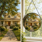 Original family home photo beside the finished custom UV-printed round glass portrait
