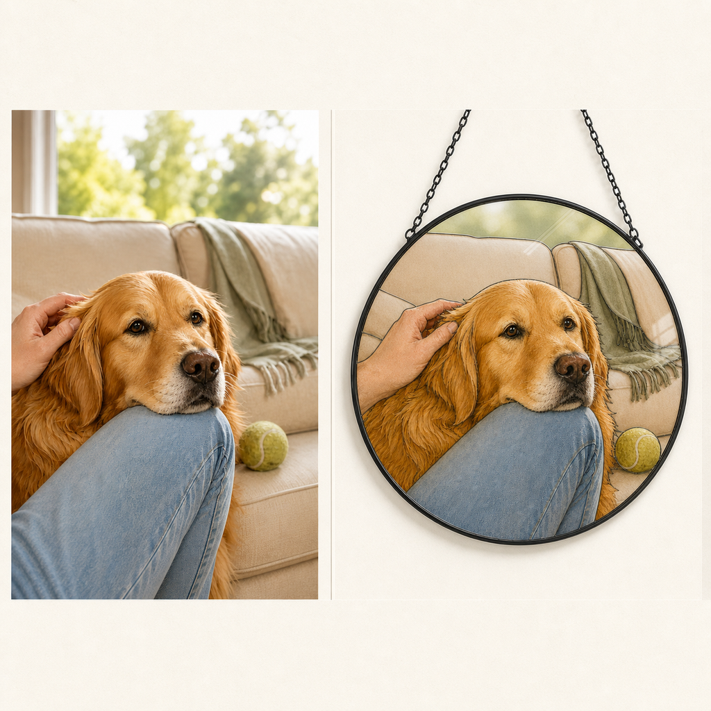Original Golden Retriever photo beside the finished custom UV-printed round glass portrait