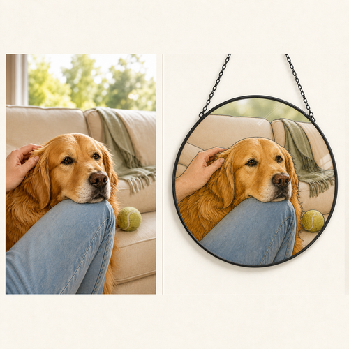 Original Golden Retriever photo beside the finished custom UV-printed round glass portrait