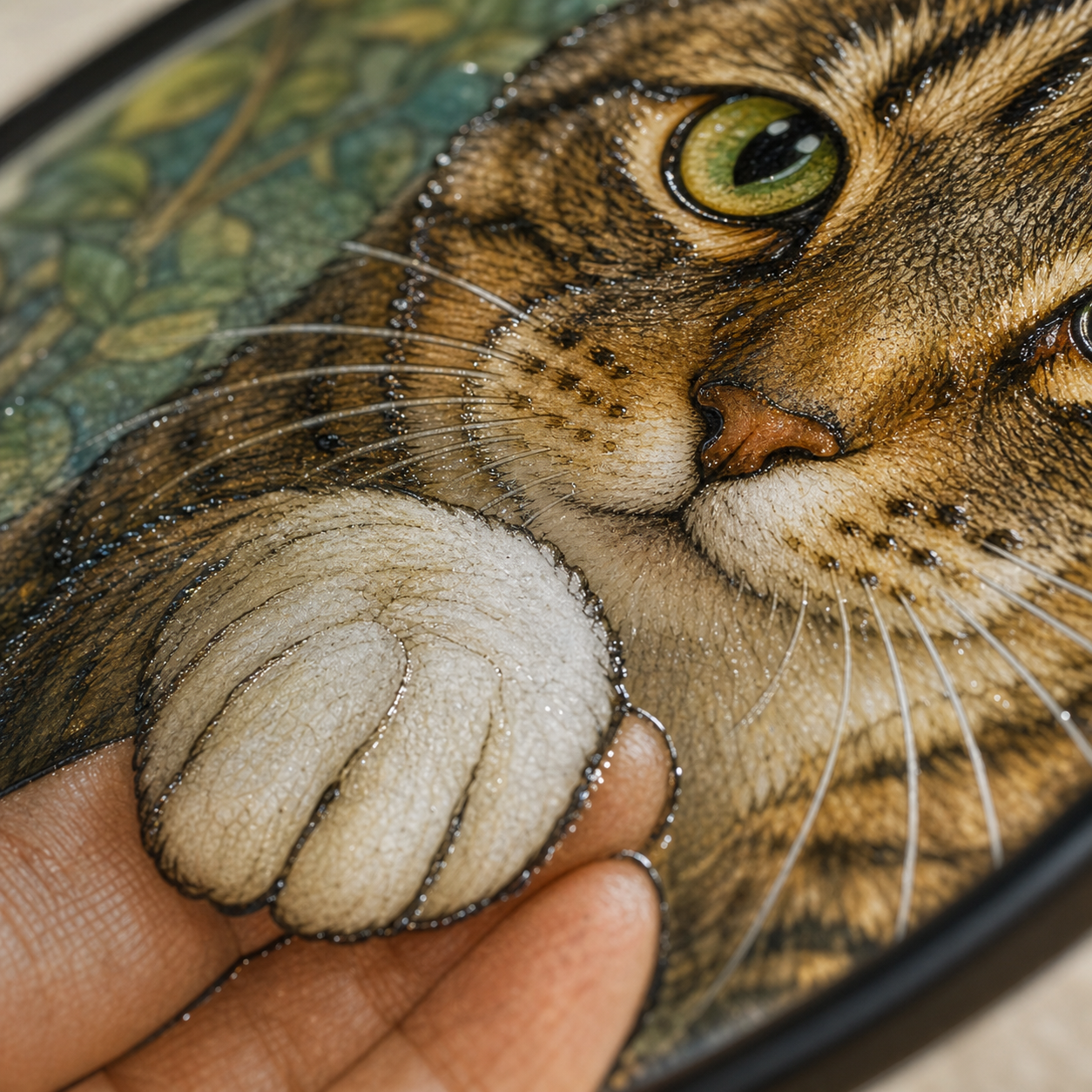 Macro detail showing raised UV ink, glossy contours, whiskers and tabby markings on smooth glass