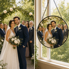 Original wedding photo beside the finished custom UV-printed round glass portrait