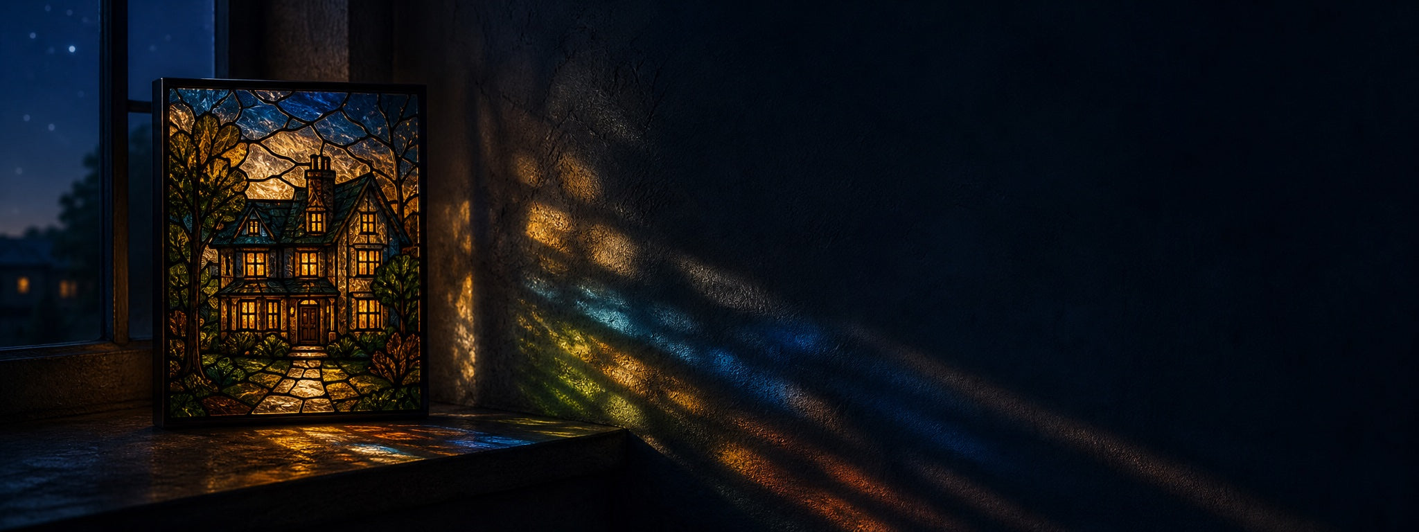 A stained-glass house keepsake casting colored light across a dark interior
