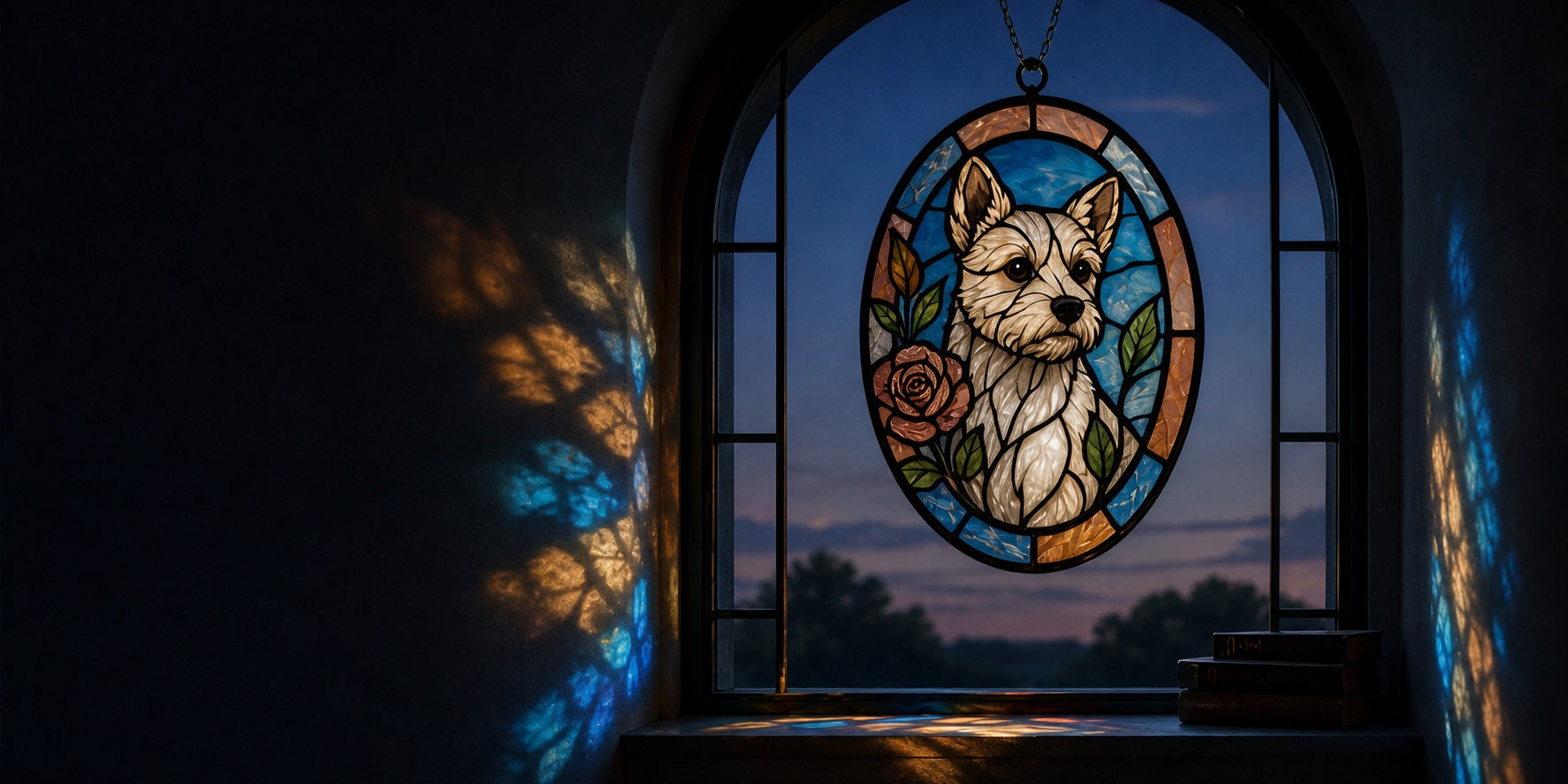 Custom stained-glass terrier portrait hanging in an arched window at blue hour