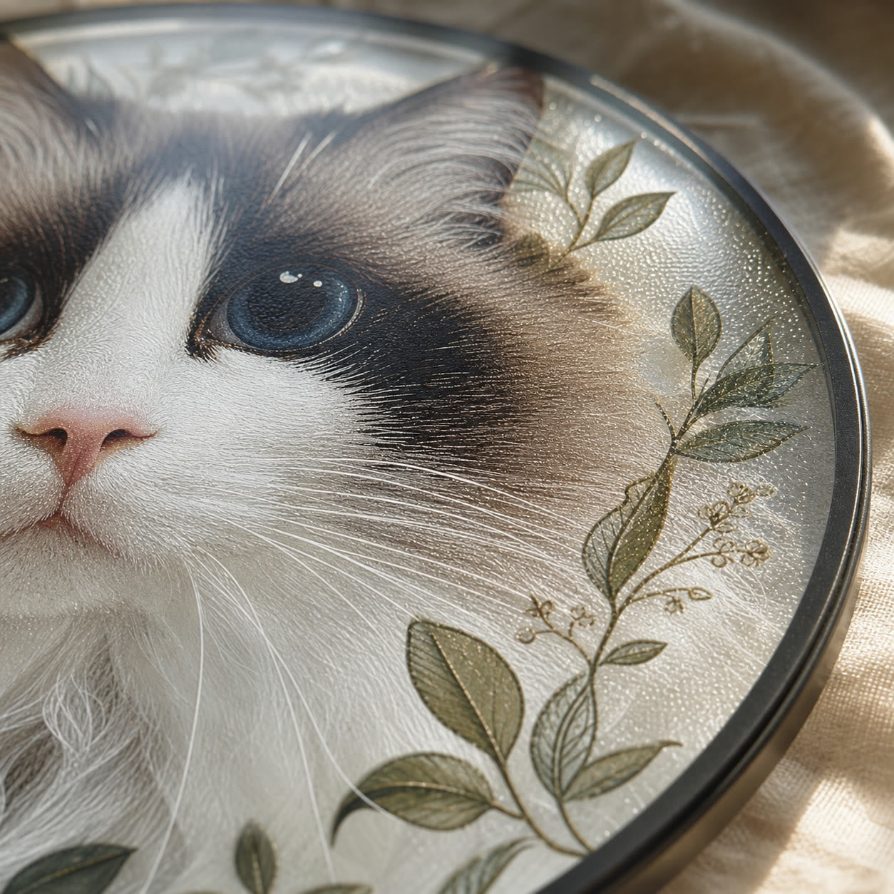 Macro detail of UV printing and fine texture on the round cat portrait glass