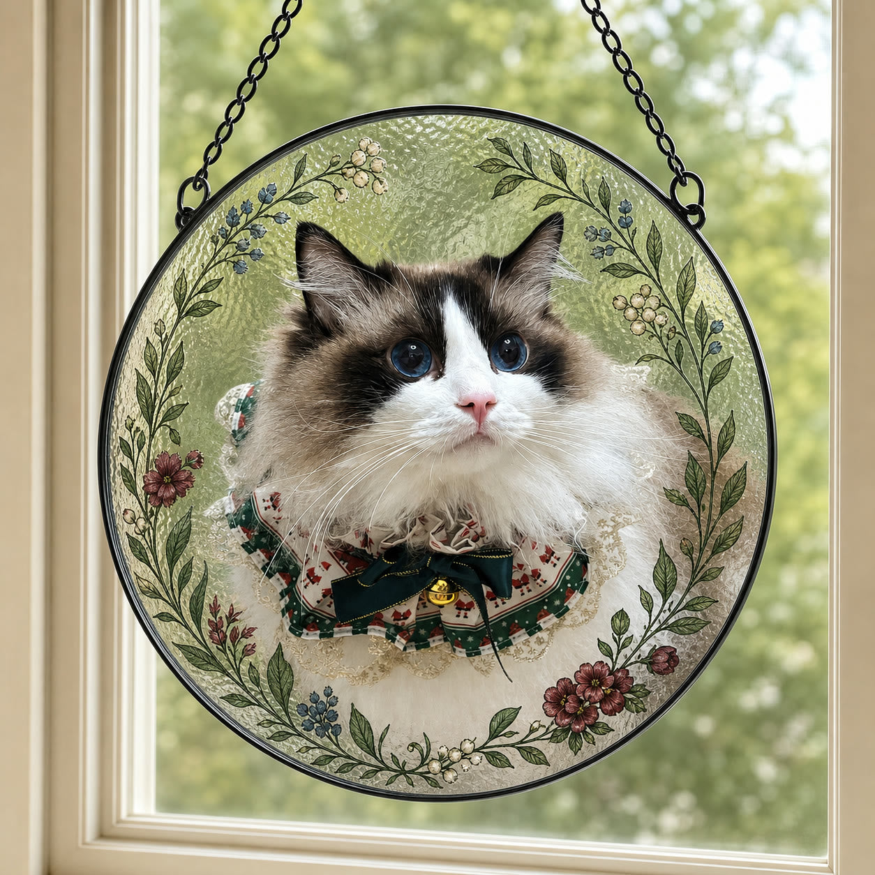 Round UV-printed glass suncatcher created from the Lumera studio cat photograph