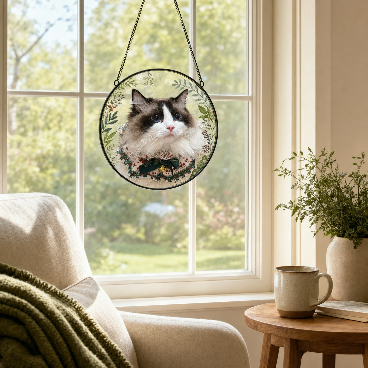 Round custom cat portrait glass hanging in a sunlit home window