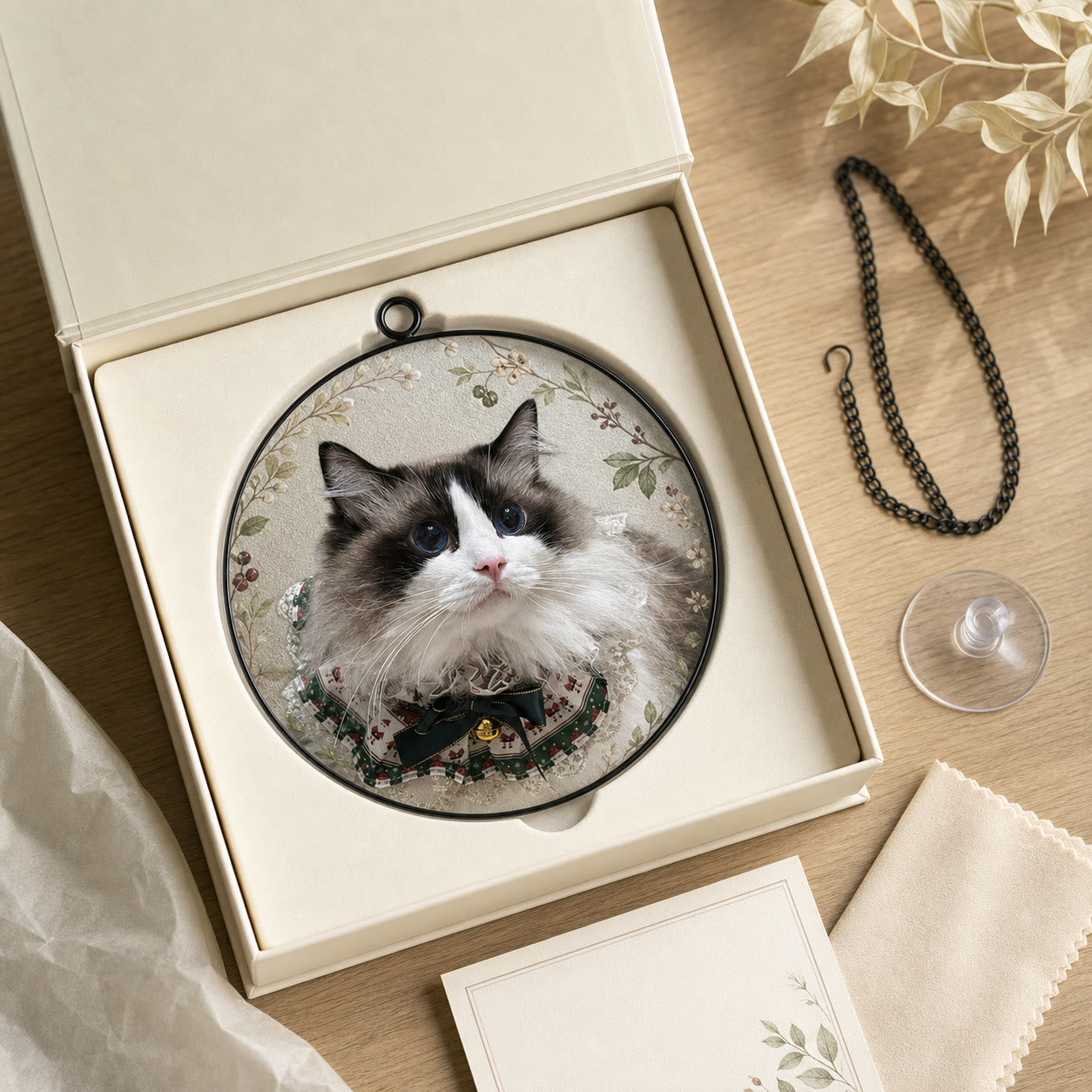 Studio cat portrait glass arranged in protective presentation with its black hanging chain